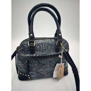 NWT Firenze Bella Leather Satchel Crossbody Bag Black & Gray Tooled Leather Art
